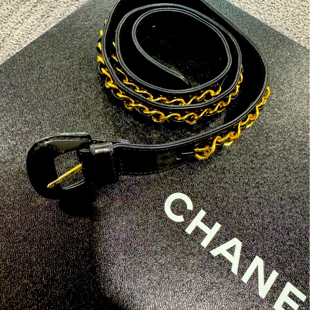 Chanel Black Leather Belt – Gold-Plated Accents, 75 CM (30 Inch Waist)